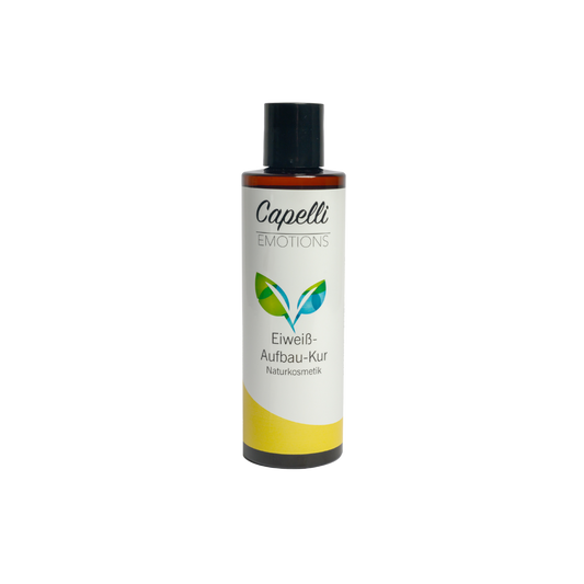 Capelli Emotions Eiweiß-Aufbau-Kur, braune Flasche mit weißem Etikett und gelbem Farbband