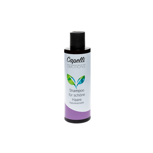 Capelli Emotions Shampoo für schöne Haare, braune Flasche mit weißem Etikett und fliederfarbenem Farbband