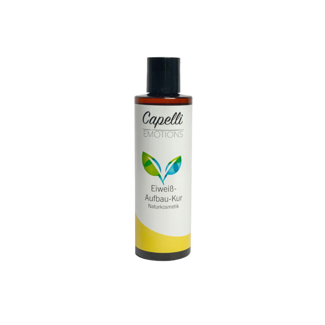 Capelli Emotions Eiweiß-Aufbau-Kur, braune Flasche mit weißem Etikett und gelbem Farbband