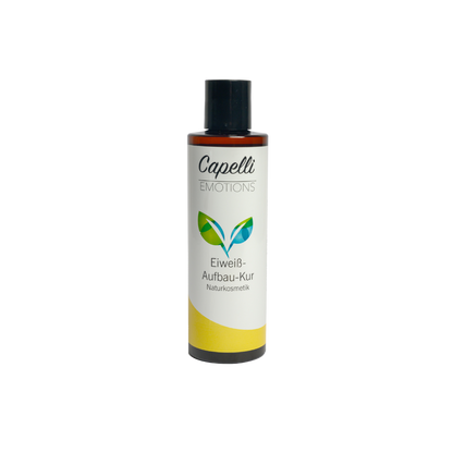 Capelli Emotions Eiweiß-Aufbau-Kur, braune Flasche mit weißem Etikett und gelbem Farbband
