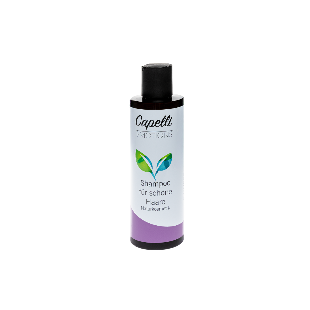 Capelli Emotions Shampoo für schöne Haare, braune Flasche mit weißem Etikett und fliederfarbenem Farbband