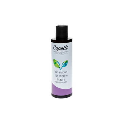 Capelli Emotions Shampoo für schöne Haare, braune Flasche mit weißem Etikett und fliederfarbenem Farbband