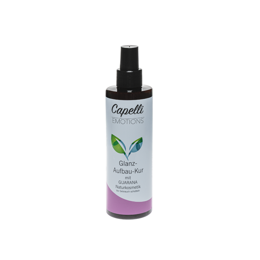 Capelli Emotions Glanz-Aufbau-Kur, braune Sprühflasche mit weißem Etikett und rosafarbenem Farbband