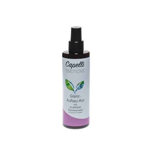 Capelli Emotions Glanz-Aufbau-Kur, braune Sprühflasche mit weißem Etikett und rosafarbenem Farbband