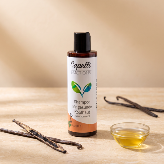 Capelli Emotions Shampoo für gesunde Kopfhaut Vanille mit Vanilleschoten auf Travertin