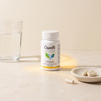 Capelli Emotions Folsäure Kapseln mit Wasserglas auf Kalkstein