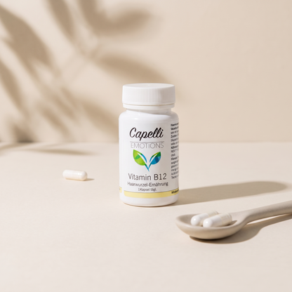 Capelli Emotions Vitamin B12 Kapseln mit Keramiklöffel auf Kalkstein