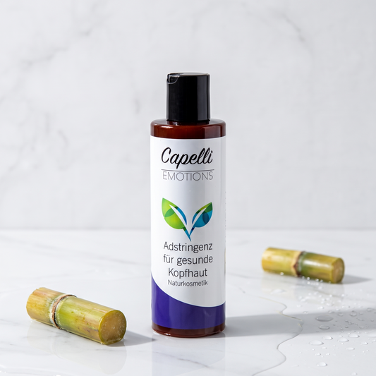 Capelli Emotions Adstringenz für gesunde Kopfhaut auf Marmor mit Wasser und Zuckerrohr