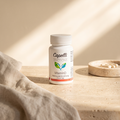 Capelli Emotions Vitamin D Kapseln in warmem Sonnenlicht mit Leinentuch