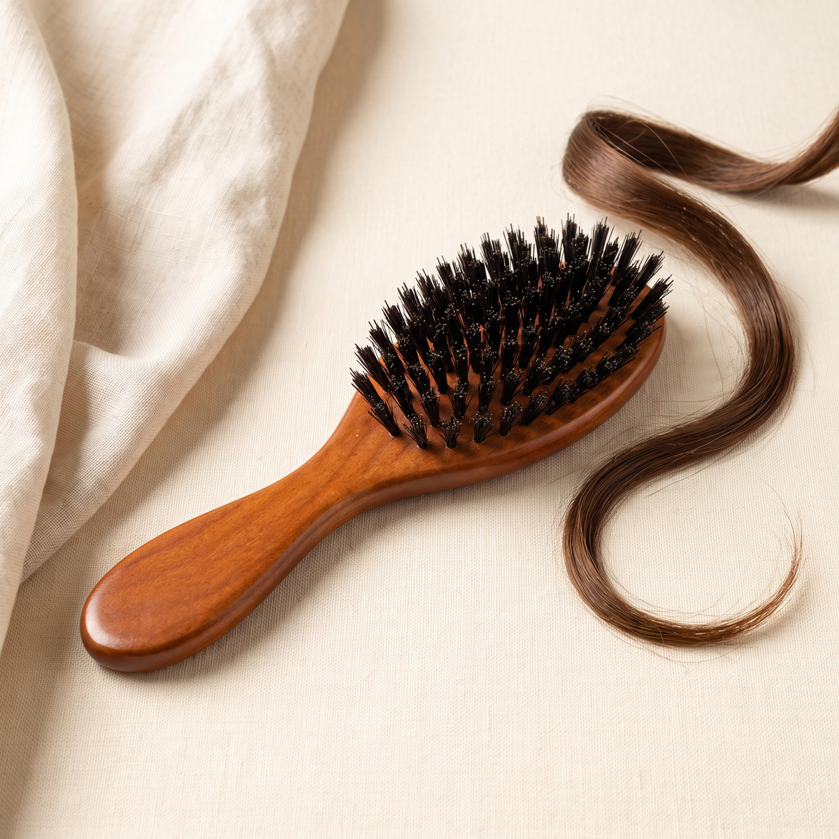 Capelli Emotions Naturborsten-Haarbürste oval auf Leinen mit Haarsträhne