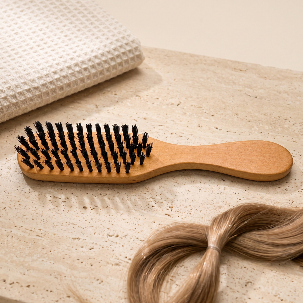 Capelli Emotions Naturborsten-Haarbürste schmal auf Travertin mit Handtuch